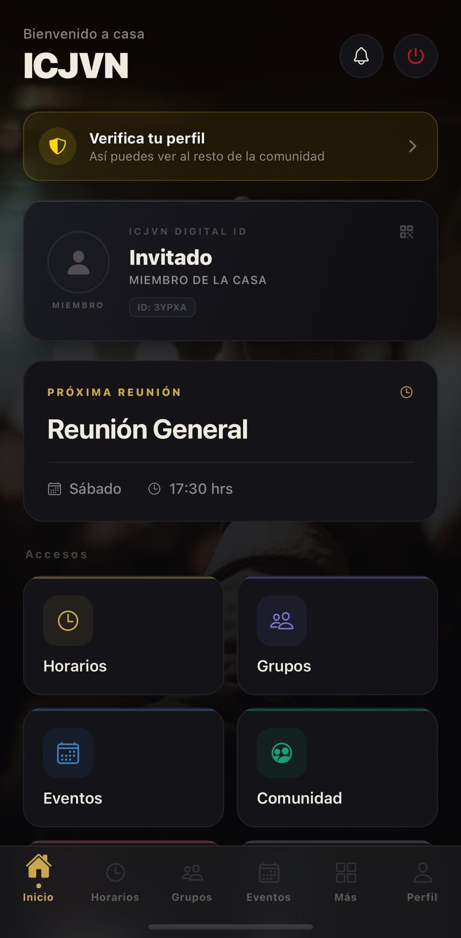 Pantalla de inicio de la aplicación ICJVN